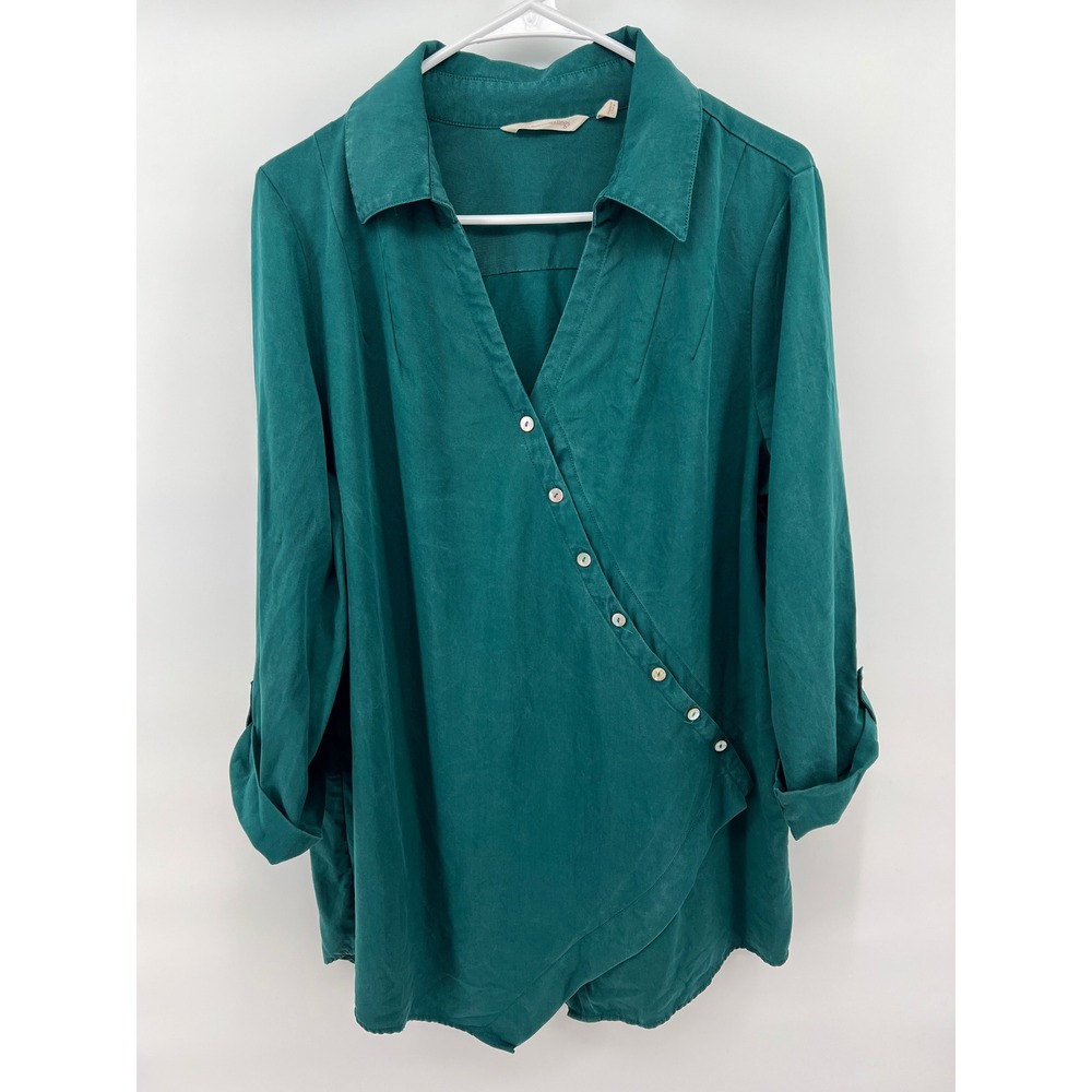 Soft Surroundings L Lagenlook Button Tunic Top Teal Asymmetrical Tencel Minimal